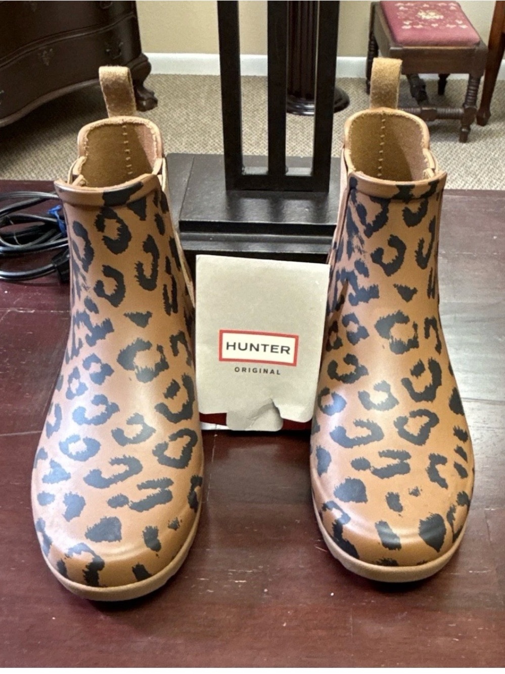 Hunter Leopard-Print Chelsea Rain Boots in Tan and Black